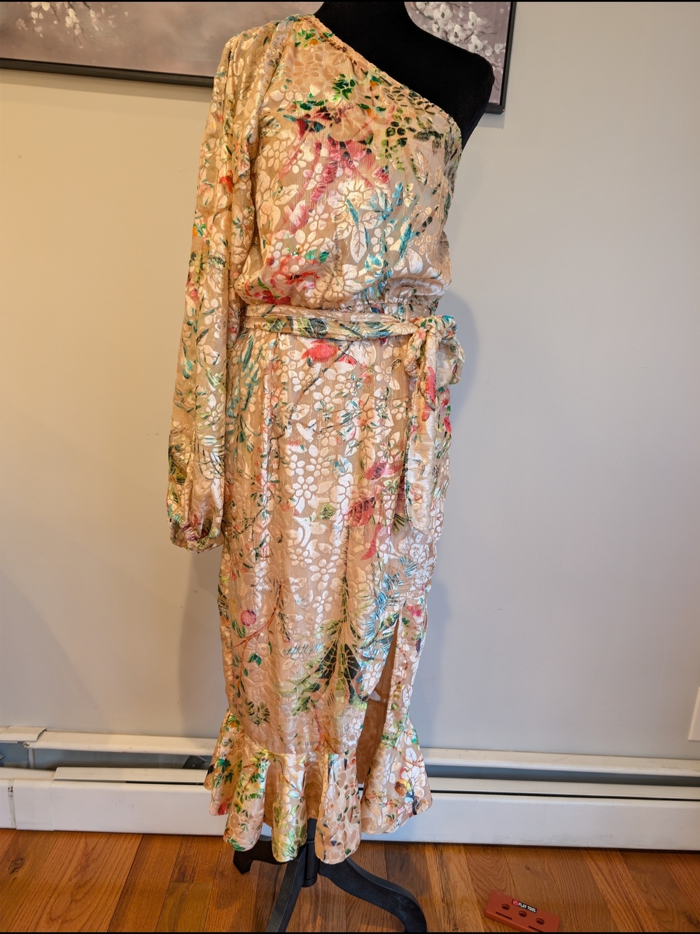 NWT Hemant & Nandita Veena Dress Peach Multi Velvet Burnout Midi Small